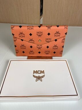 MCM Visetos Envelope Pouch Clutch Orange Coral Snap Closure